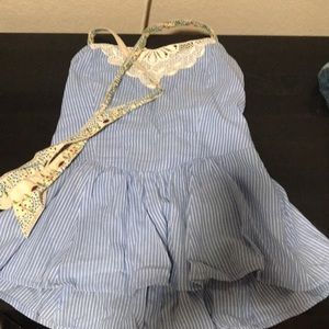 Free People blue stripe empire blouse shirred skirted halter tie embroidered top